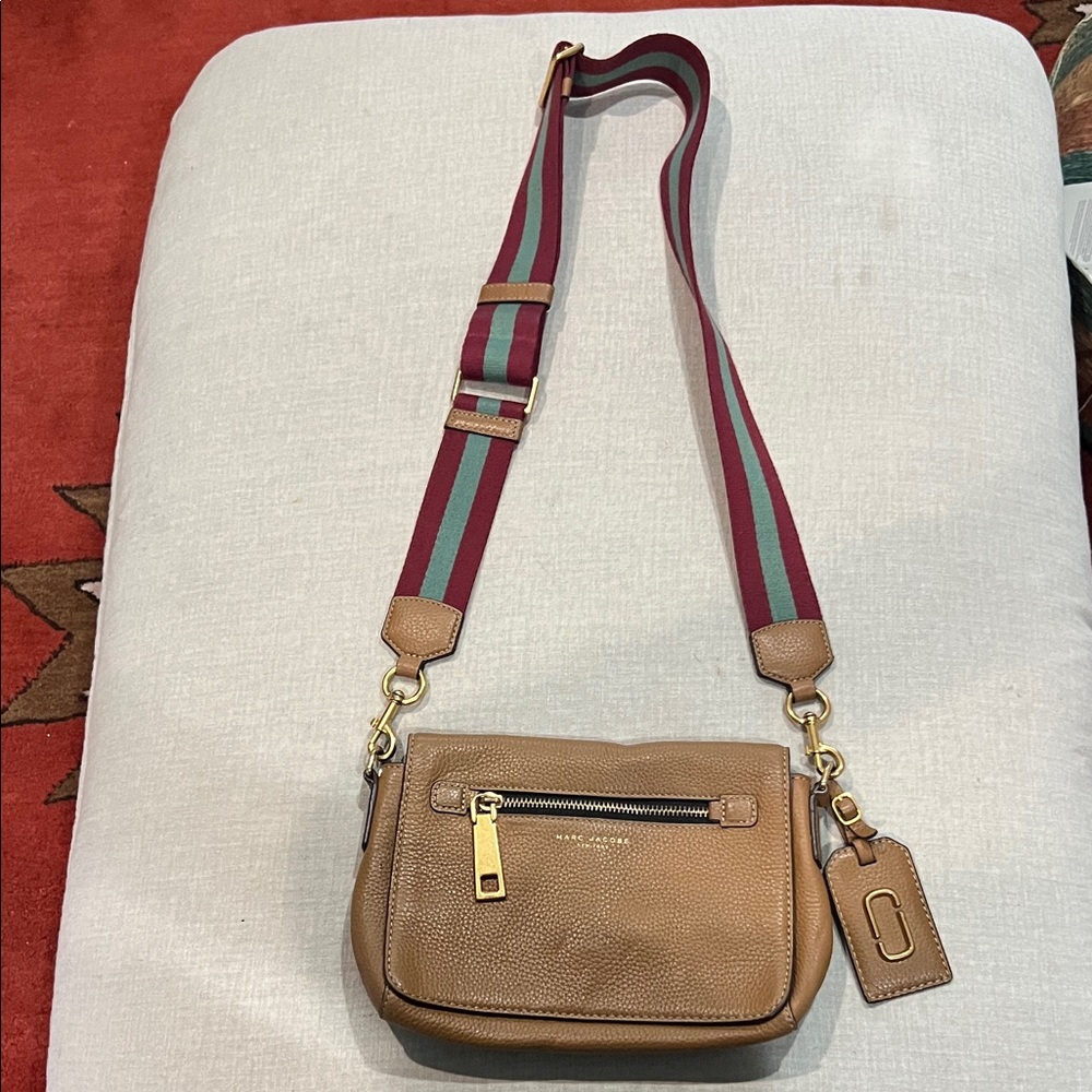 Marc Jacobs Tan Pebbled Leather Crossbody with Burgundy and Teal Stripe Strap